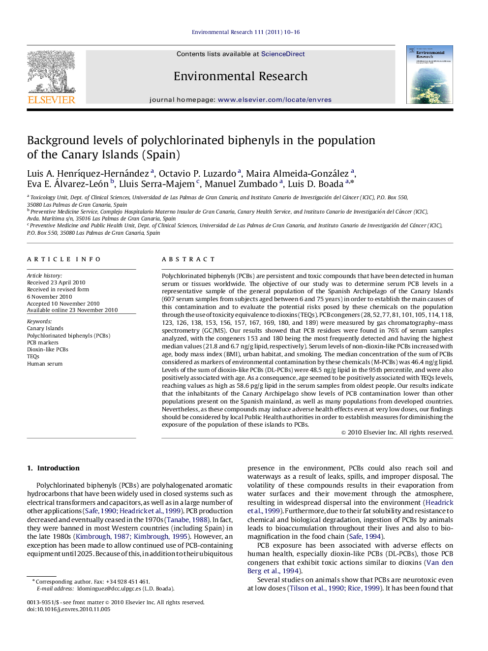 Background levels of polychlorinated biphenyls in the population of the Canary Islands (Spain)