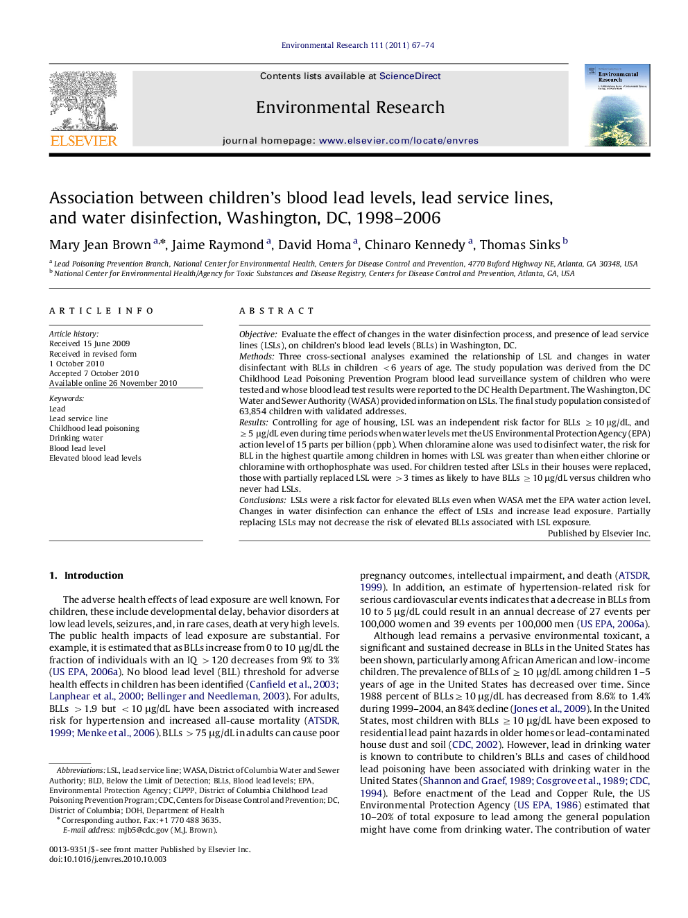 Association between children’s blood lead levels, lead service lines, and water disinfection, Washington, DC, 1998–2006