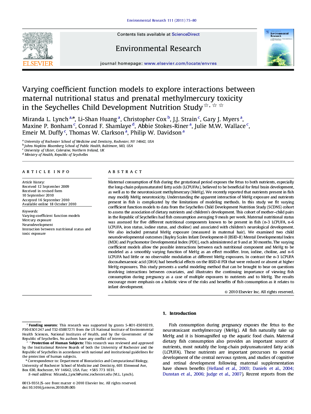 Varying coefficient function models to explore interactions between maternal nutritional status and prenatal methylmercury toxicity in the Seychelles Child Development Nutrition Study 