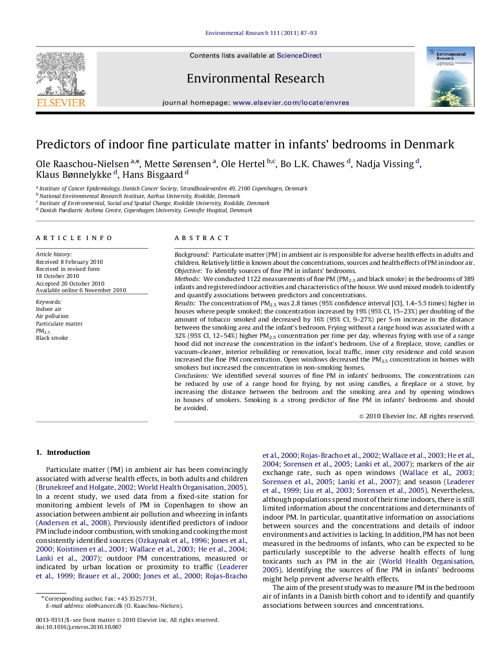 Predictors of indoor fine particulate matter in infants’ bedrooms in Denmark