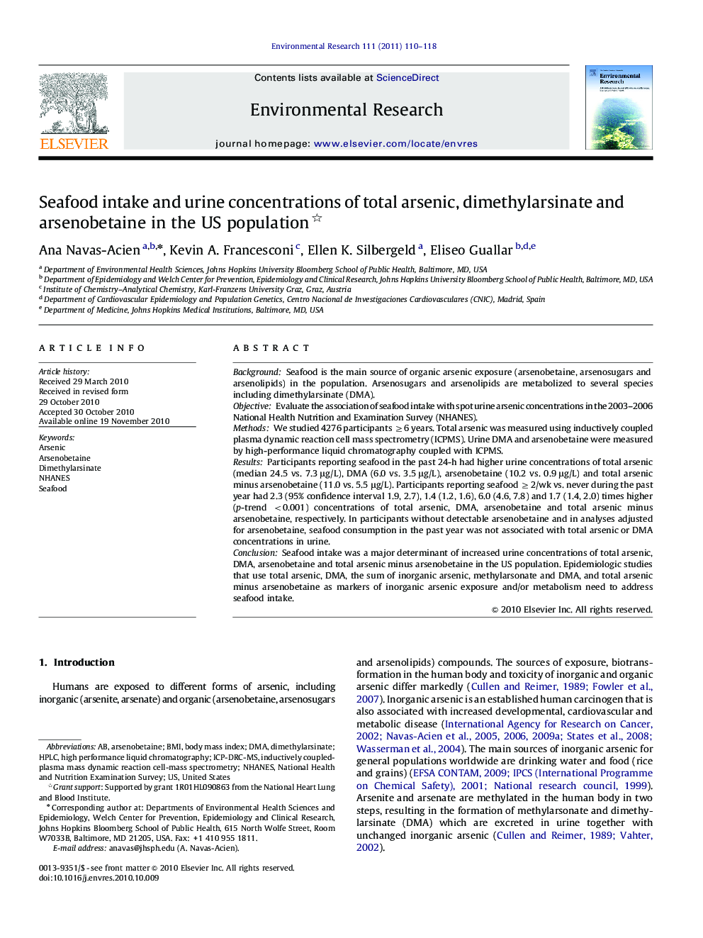 Seafood intake and urine concentrations of total arsenic, dimethylarsinate and arsenobetaine in the US population 