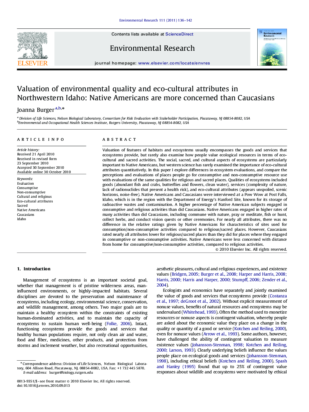 Valuation of environmental quality and eco-cultural attributes in Northwestern Idaho: Native Americans are more concerned than Caucasians