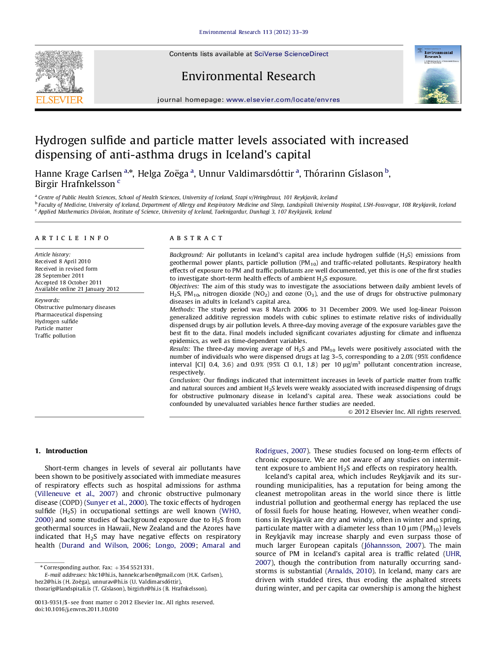 Hydrogen sulfide and particle matter levels associated with increased dispensing of anti-asthma drugs in Iceland's capital