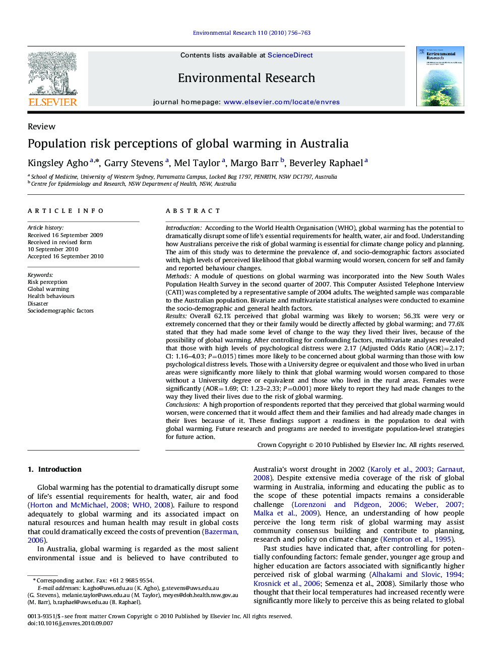 Population risk perceptions of global warming in Australia