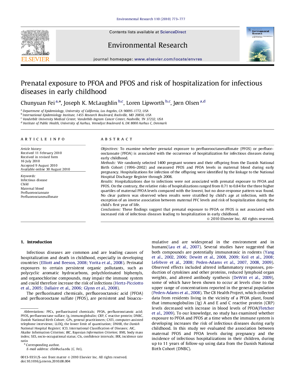 Prenatal exposure to PFOA and PFOS and risk of hospitalization for infectious diseases in early childhood