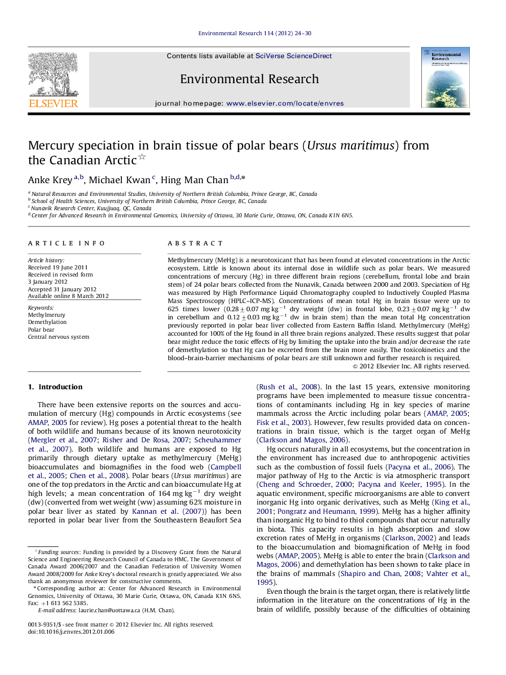 Mercury speciation in brain tissue of polar bears (Ursus maritimus) from the Canadian Arctic 