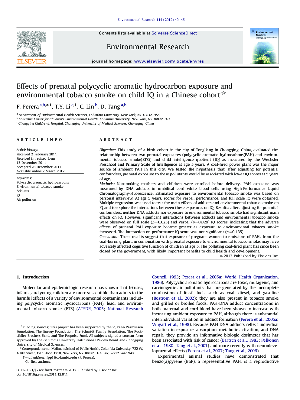 Effects of prenatal polycyclic aromatic hydrocarbon exposure and environmental tobacco smoke on child IQ in a Chinese cohort 