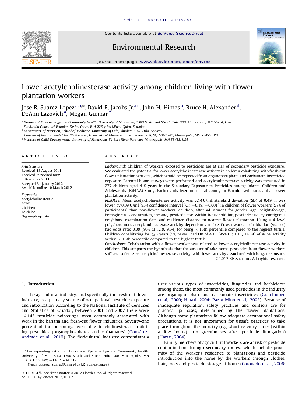 Lower acetylcholinesterase activity among children living with flower plantation workers