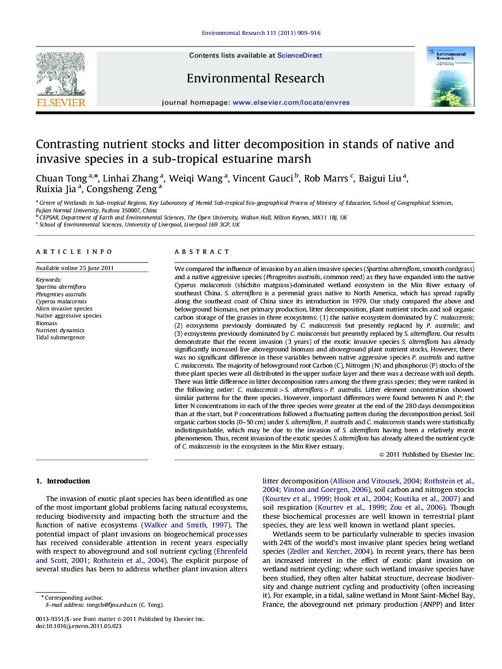 Contrasting nutrient stocks and litter decomposition in stands of native and invasive species in a sub-tropical estuarine marsh