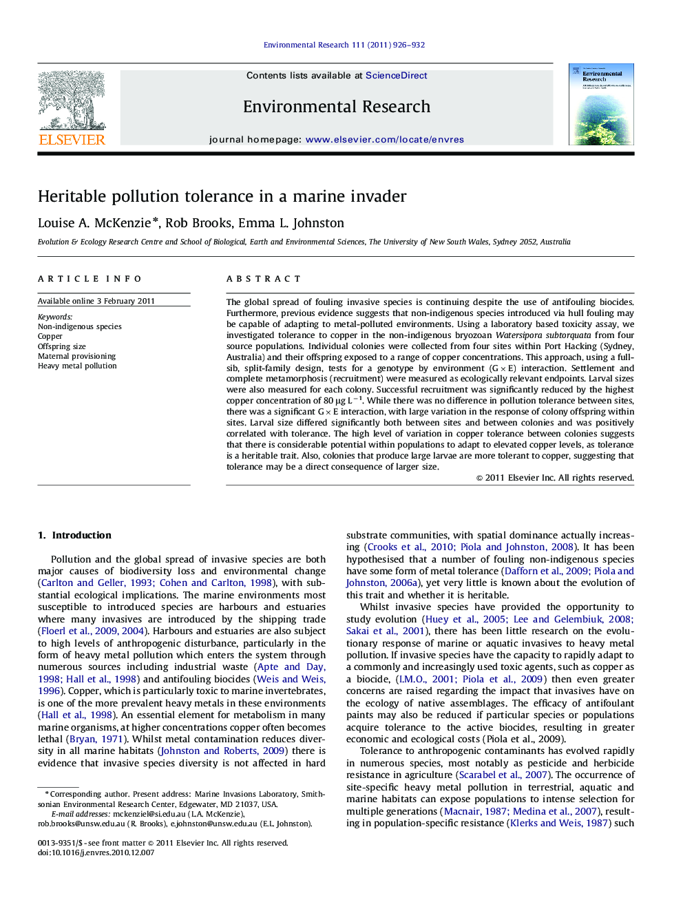 Heritable pollution tolerance in a marine invader