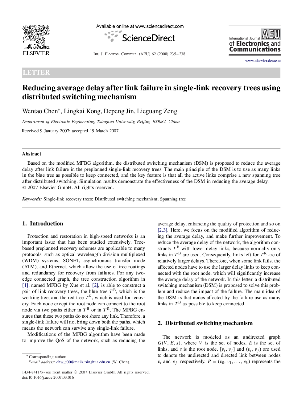 Reducing average delay after link failure in single-link recovery trees using distributed switching mechanism