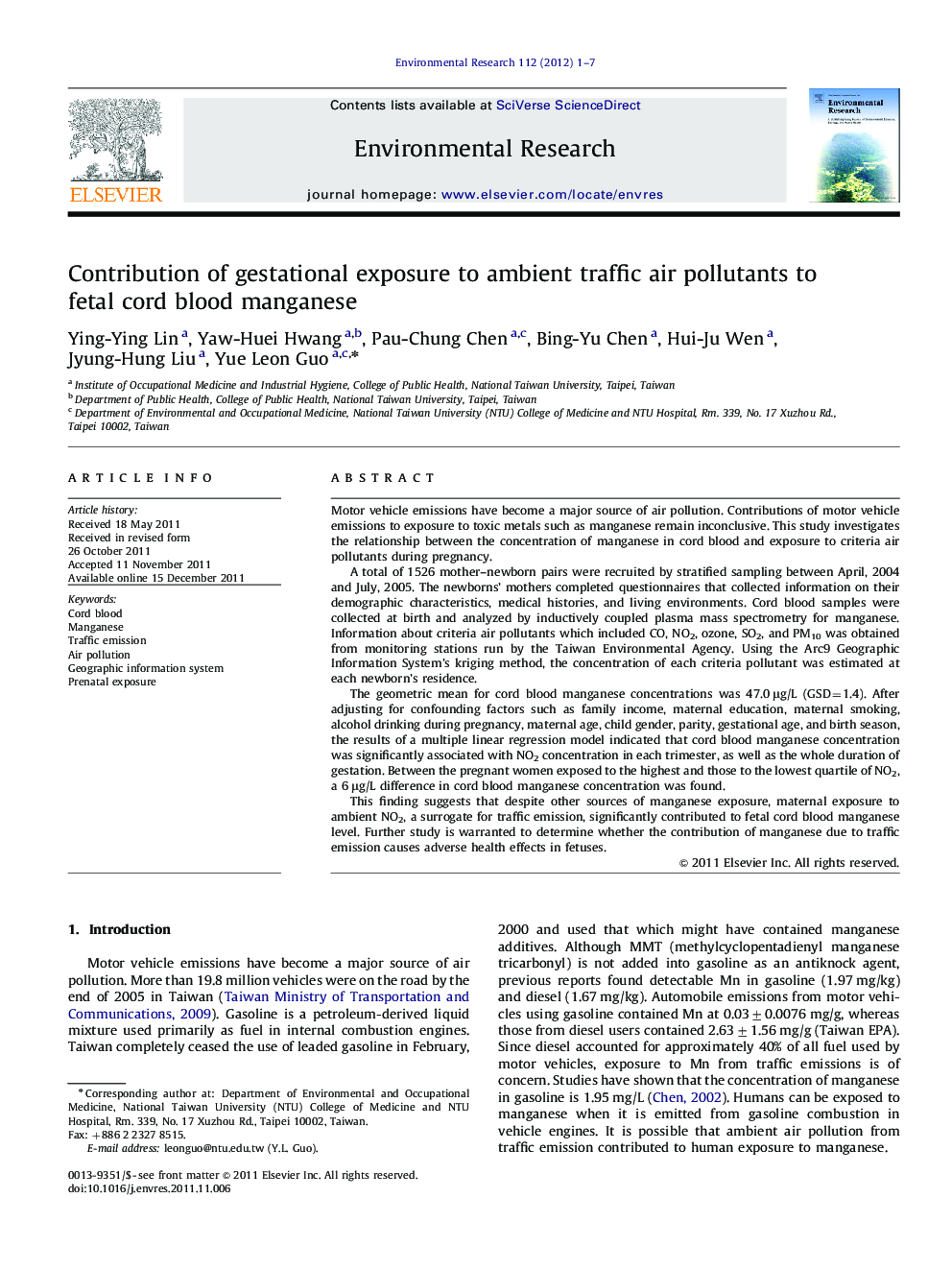 Contribution of gestational exposure to ambient traffic air pollutants to fetal cord blood manganese