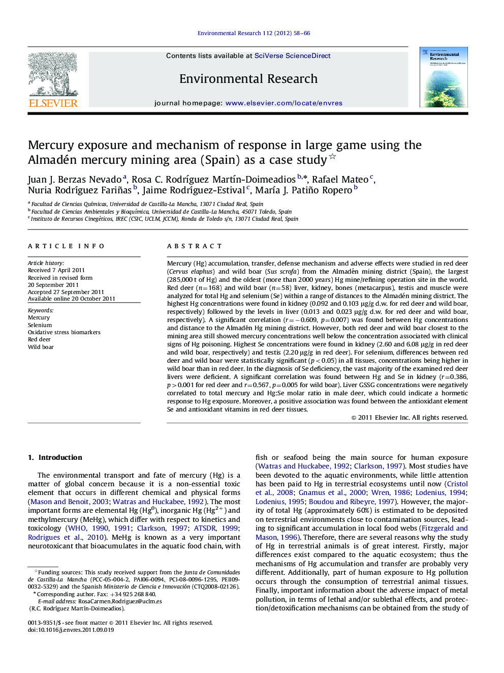 Mercury exposure and mechanism of response in large game using the Almadén mercury mining area (Spain) as a case study 
