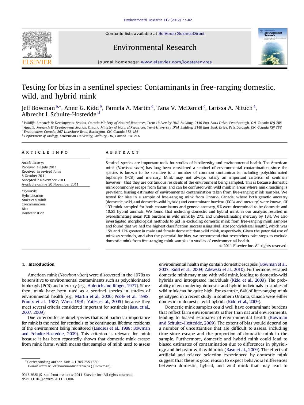 Testing for bias in a sentinel species: Contaminants in free-ranging domestic, wild, and hybrid mink