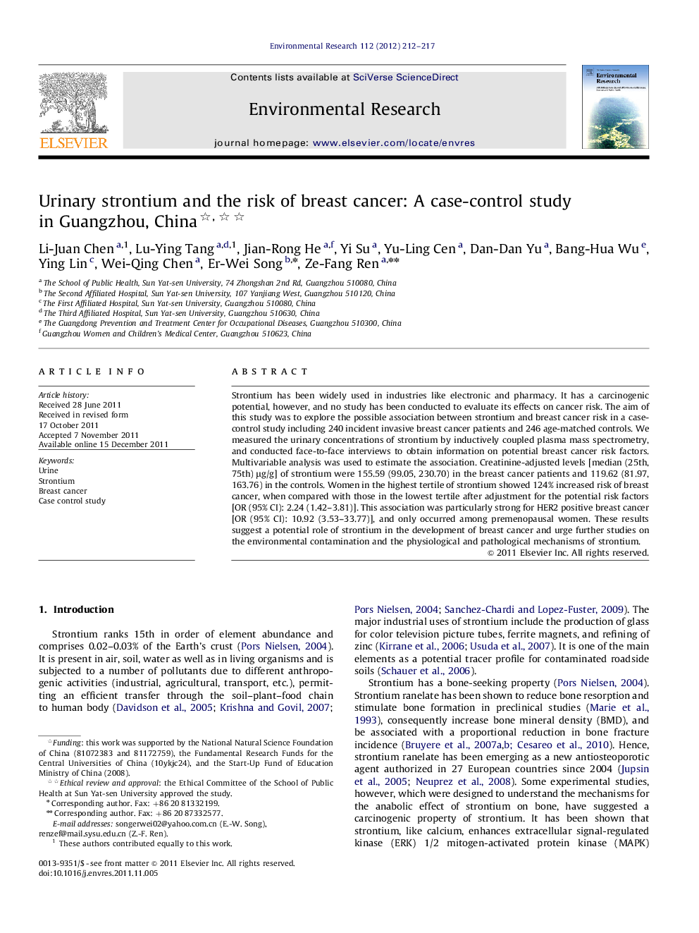 Urinary strontium and the risk of breast cancer: A case-control study in Guangzhou, China 