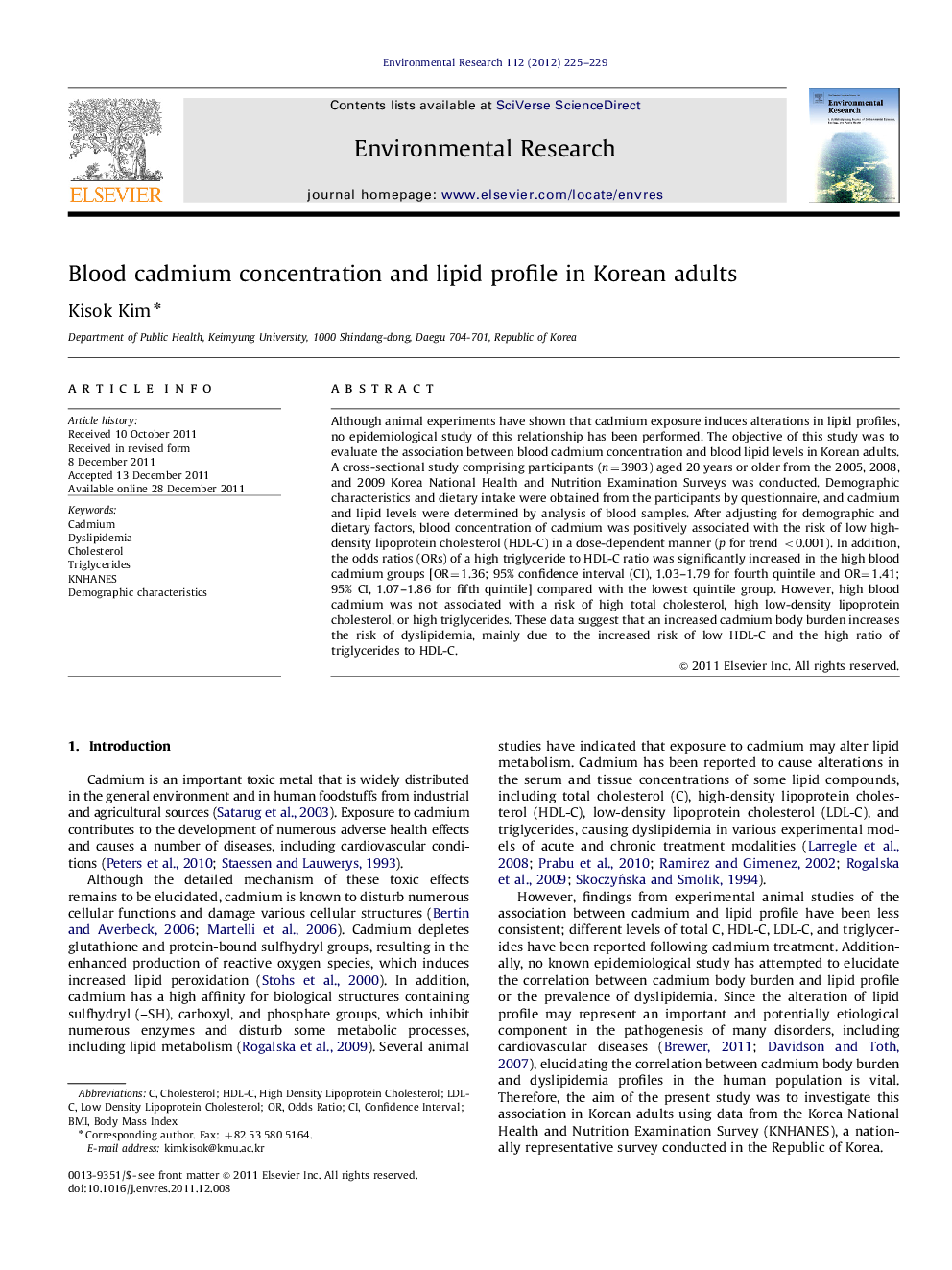 Blood cadmium concentration and lipid profile in Korean adults