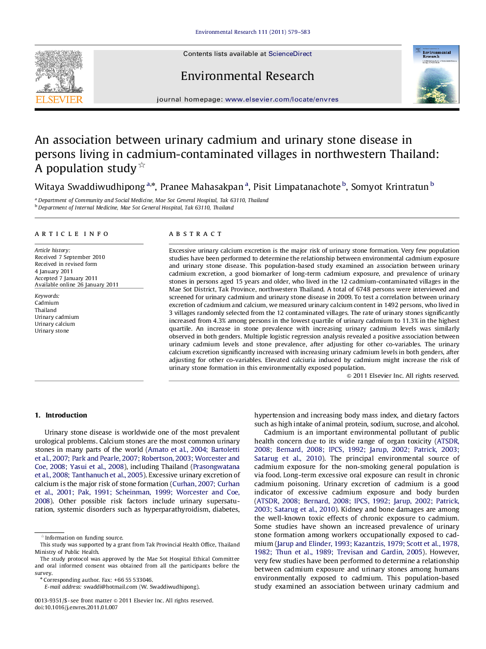 An association between urinary cadmium and urinary stone disease in persons living in cadmium-contaminated villages in northwestern Thailand: A population study 