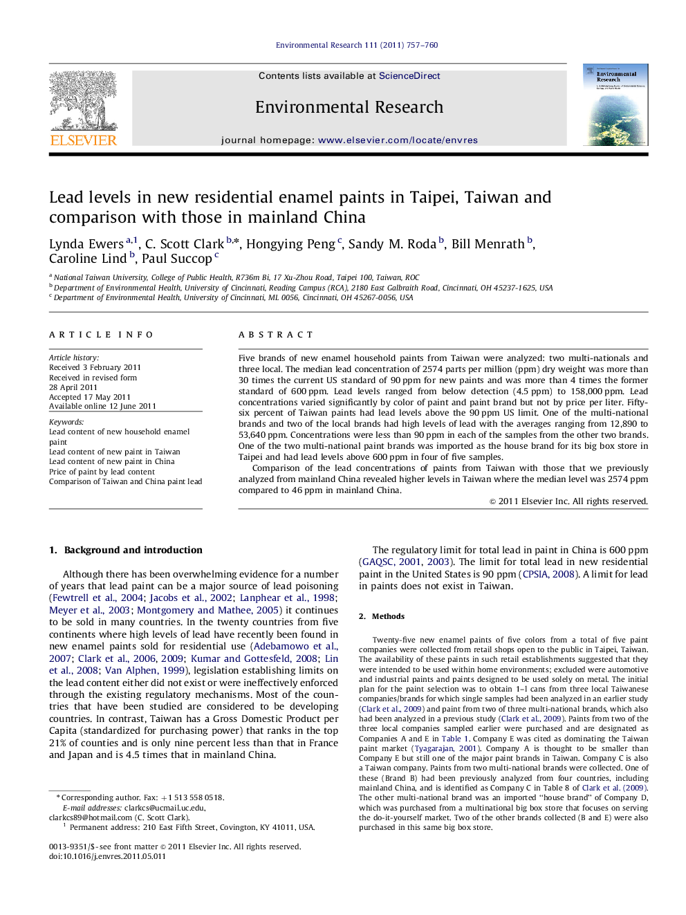 Lead levels in new residential enamel paints in Taipei, Taiwan and comparison with those in mainland China