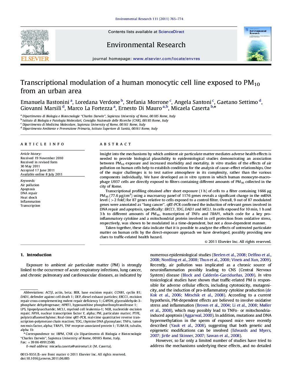 Transcriptional modulation of a human monocytic cell line exposed to PM10 from an urban area