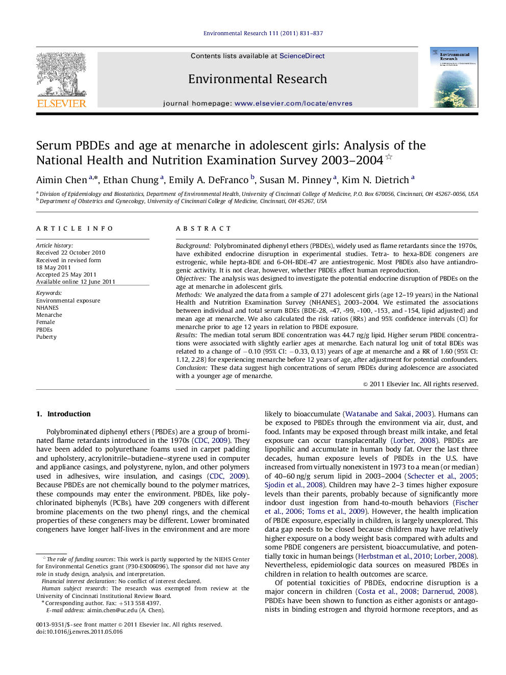 Serum PBDEs and age at menarche in adolescent girls: Analysis of the National Health and Nutrition Examination Survey 2003–2004 