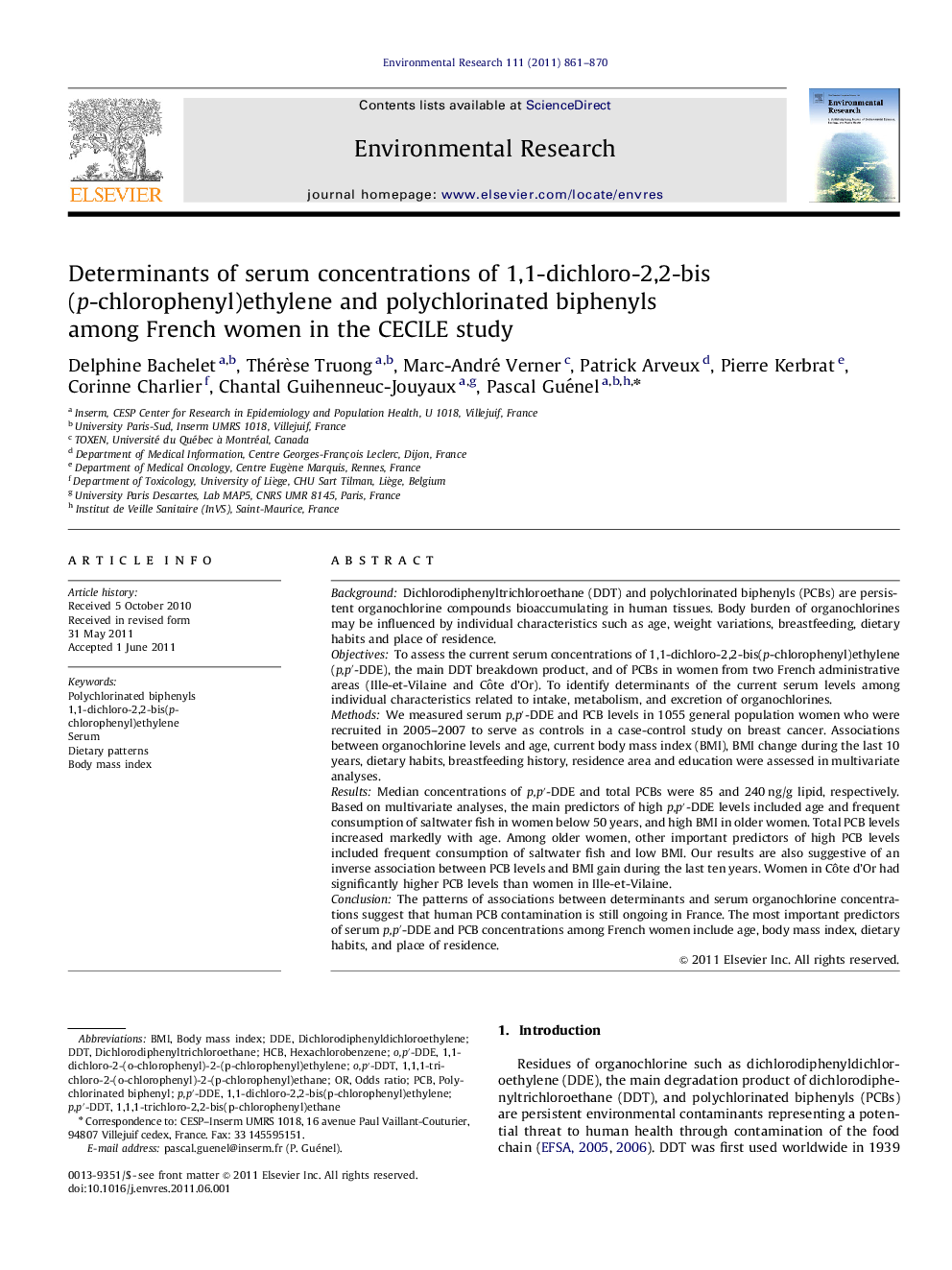 Determinants of serum concentrations of 1,1-dichloro-2,2-bis(p-chlorophenyl)ethylene and polychlorinated biphenyls among French women in the CECILE study