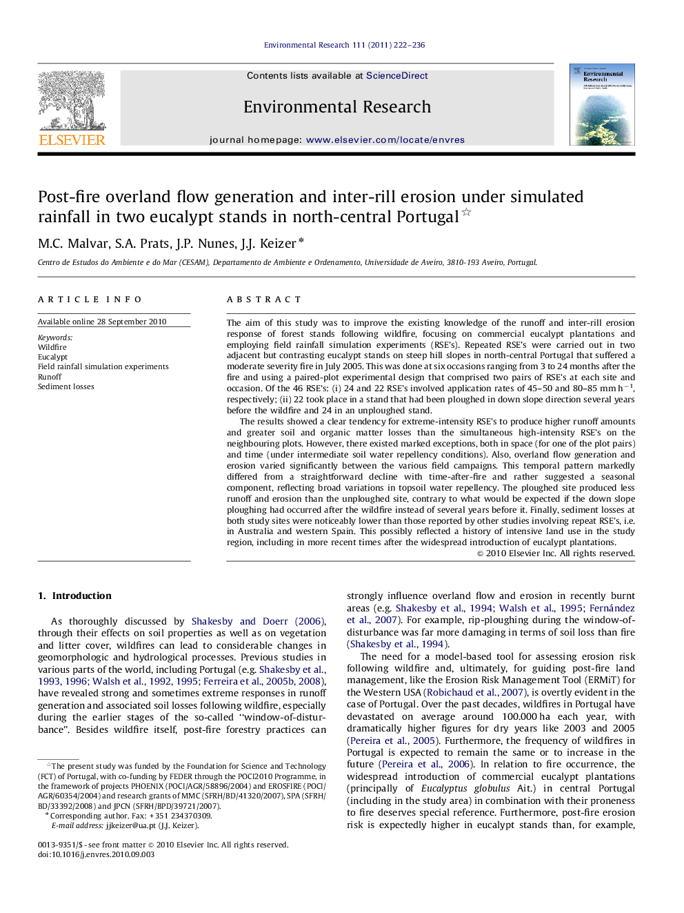 Post-fire overland flow generation and inter-rill erosion under simulated rainfall in two eucalypt stands in north-central Portugal 