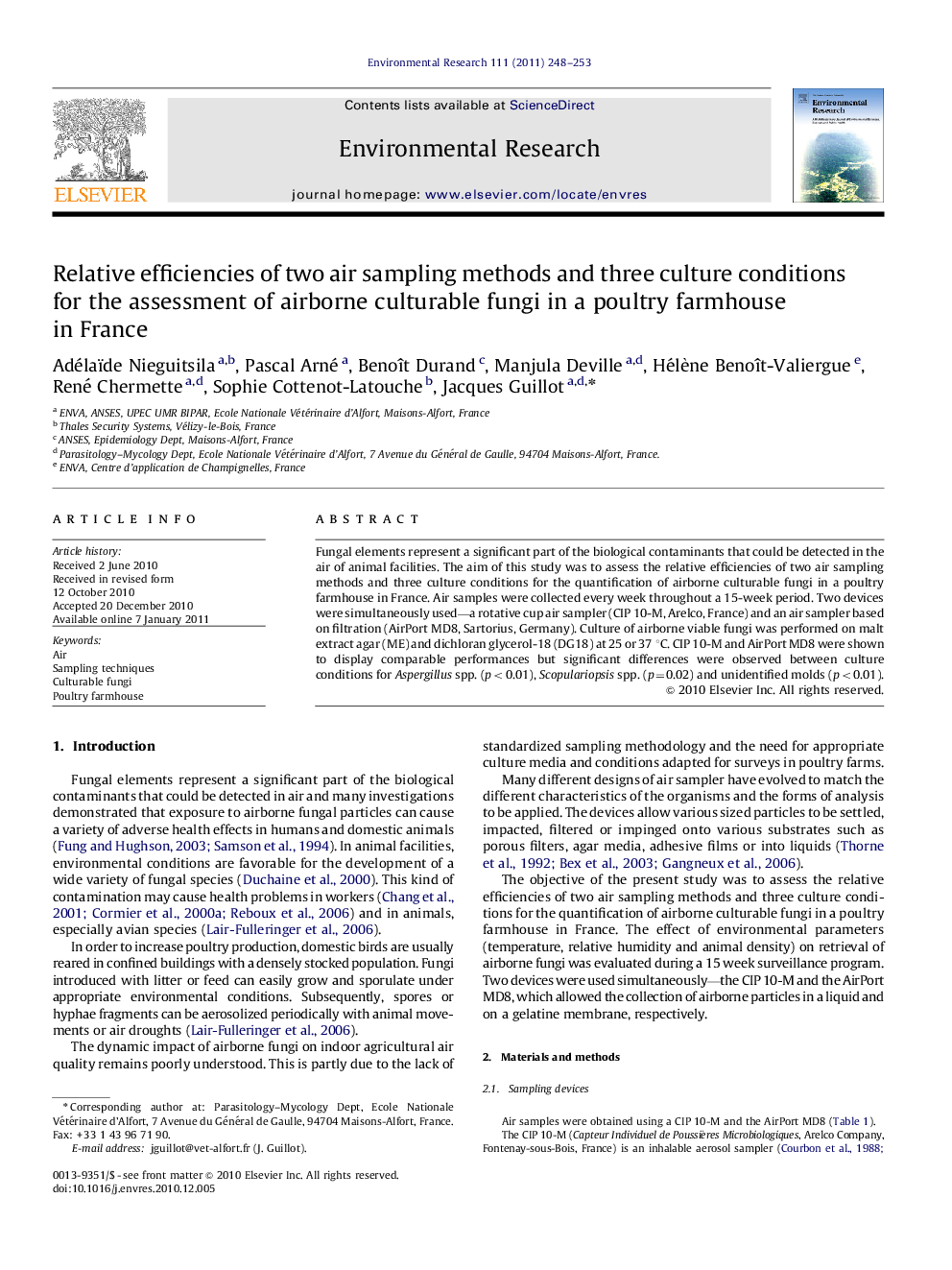 Relative efficiencies of two air sampling methods and three culture conditions for the assessment of airborne culturable fungi in a poultry farmhouse in France