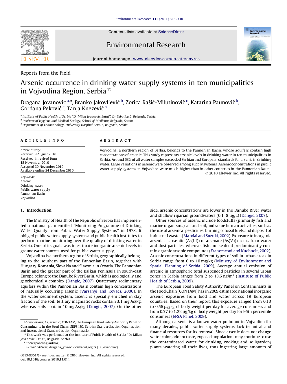 Arsenic occurrence in drinking water supply systems in ten municipalities in Vojvodina Region, Serbia 