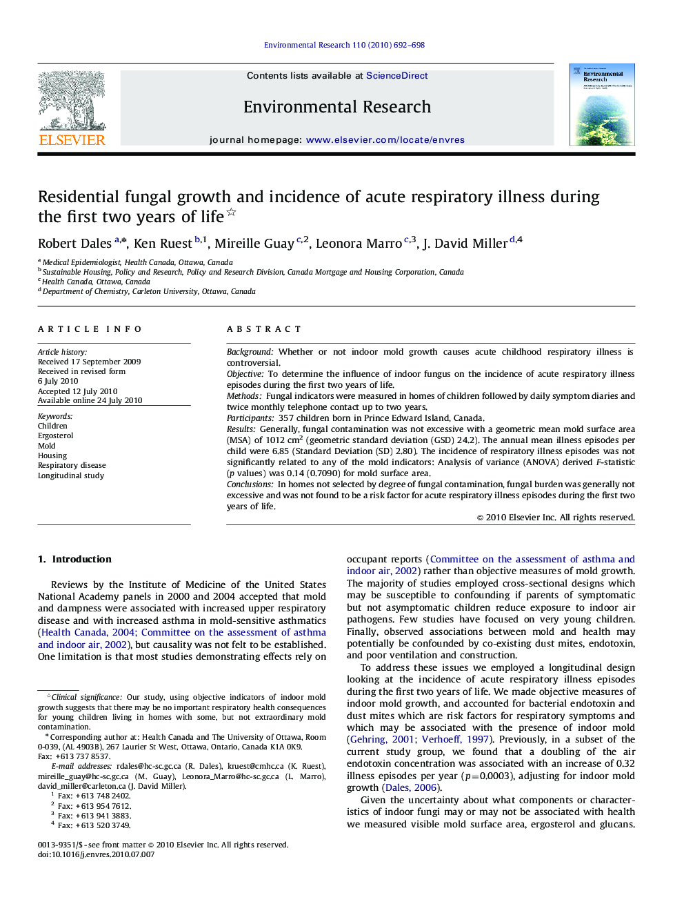 Residential fungal growth and incidence of acute respiratory illness during the first two years of life 