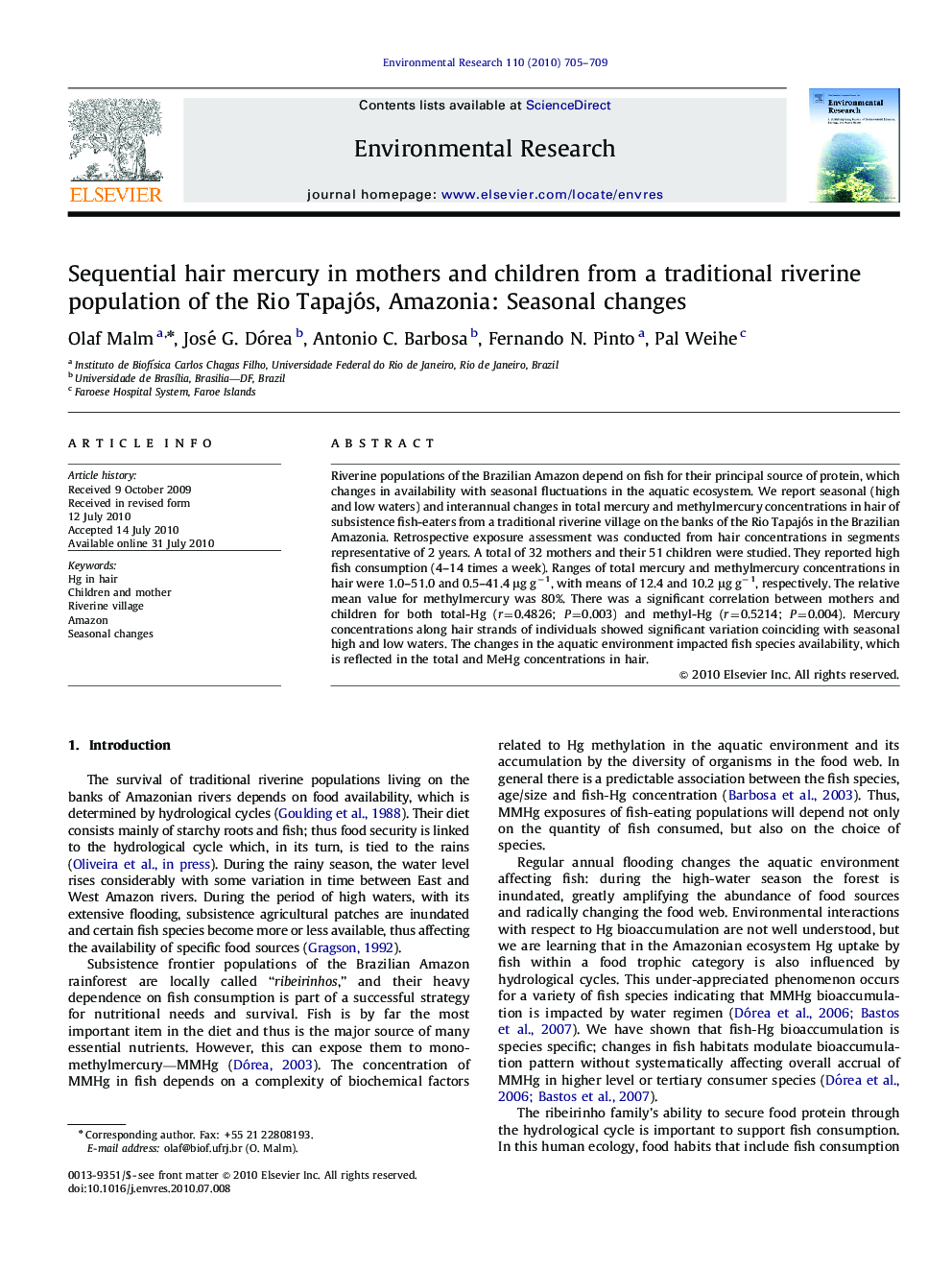 Sequential hair mercury in mothers and children from a traditional riverine population of the Rio Tapajós, Amazonia: Seasonal changes