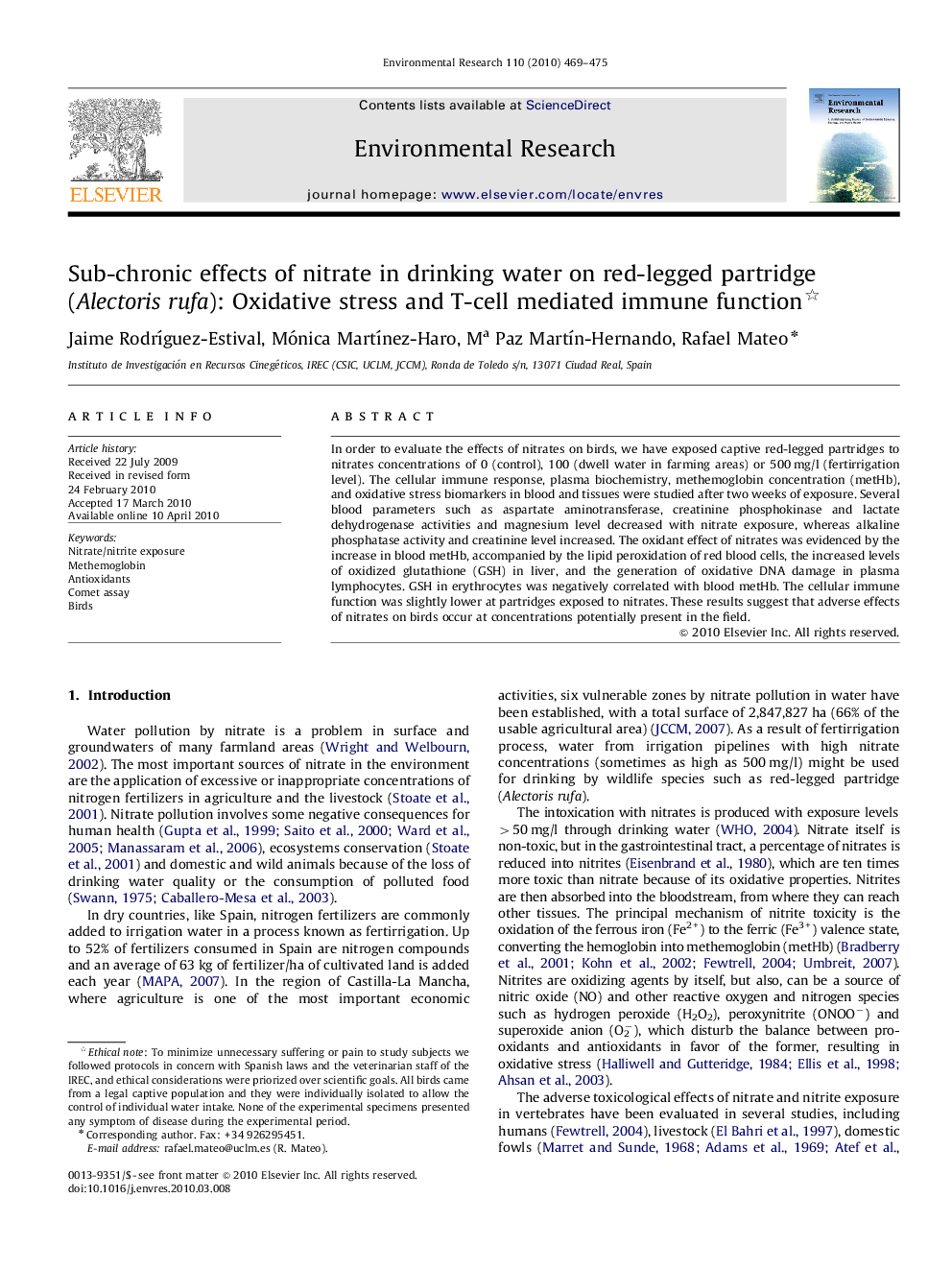 Sub-chronic effects of nitrate in drinking water on red-legged partridge (Alectoris rufa): Oxidative stress and T-cell mediated immune function 