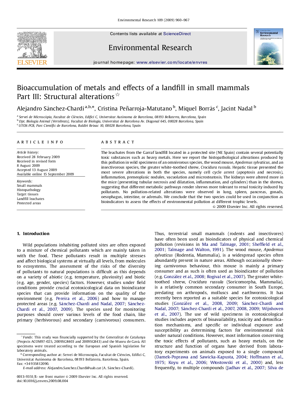 Bioaccumulation of metals and effects of a landfill in small mammals Part III: Structural alterations 