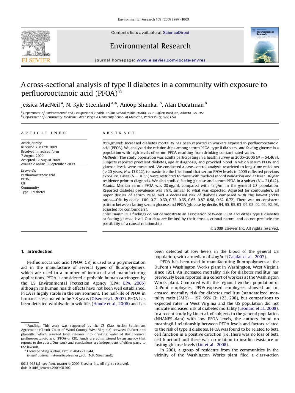 A cross-sectional analysis of type II diabetes in a community with exposure to perfluorooctanoic acid (PFOA) 