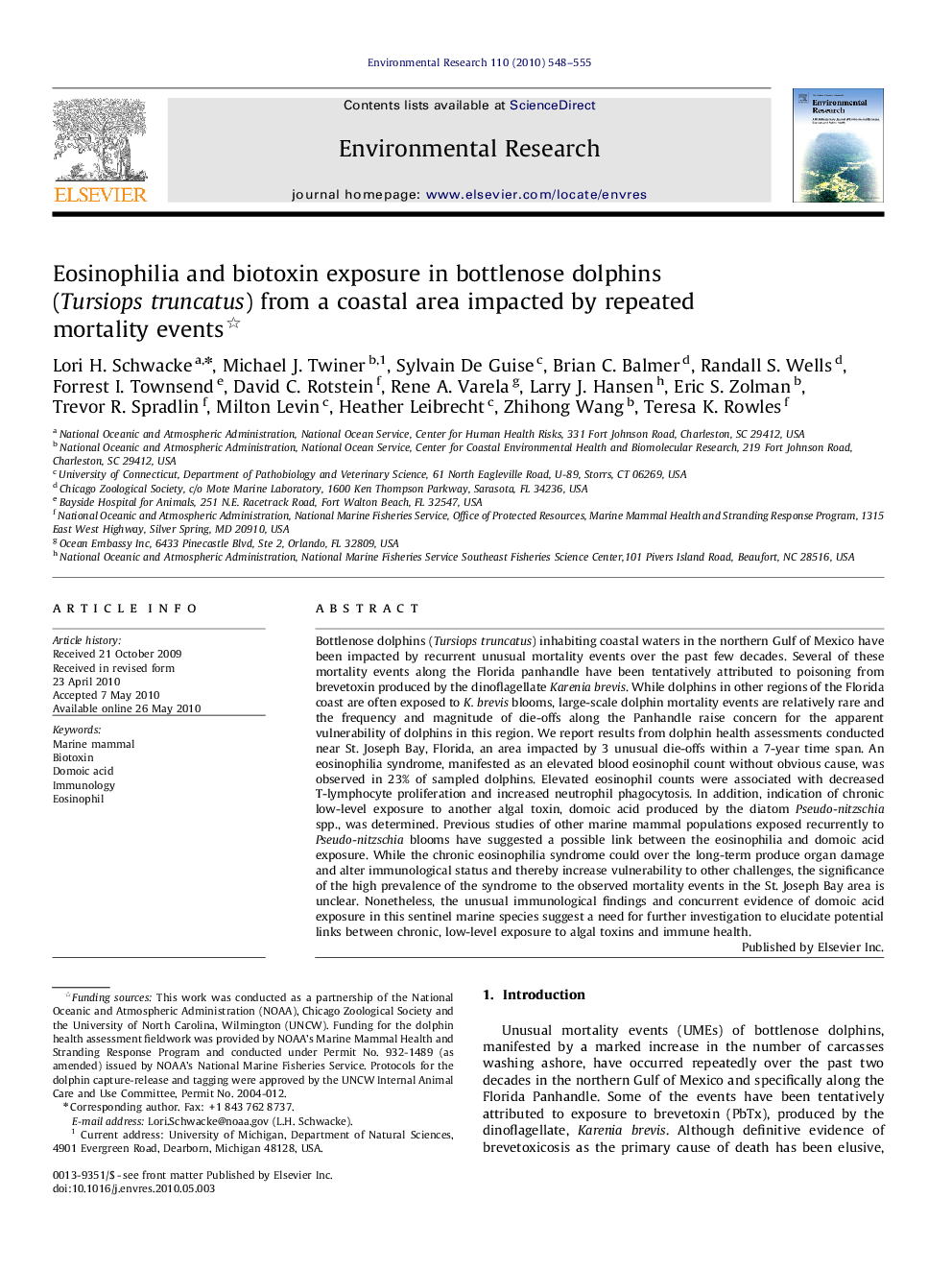 Eosinophilia and biotoxin exposure in bottlenose dolphins (Tursiops truncatus) from a coastal area impacted by repeated mortality events 