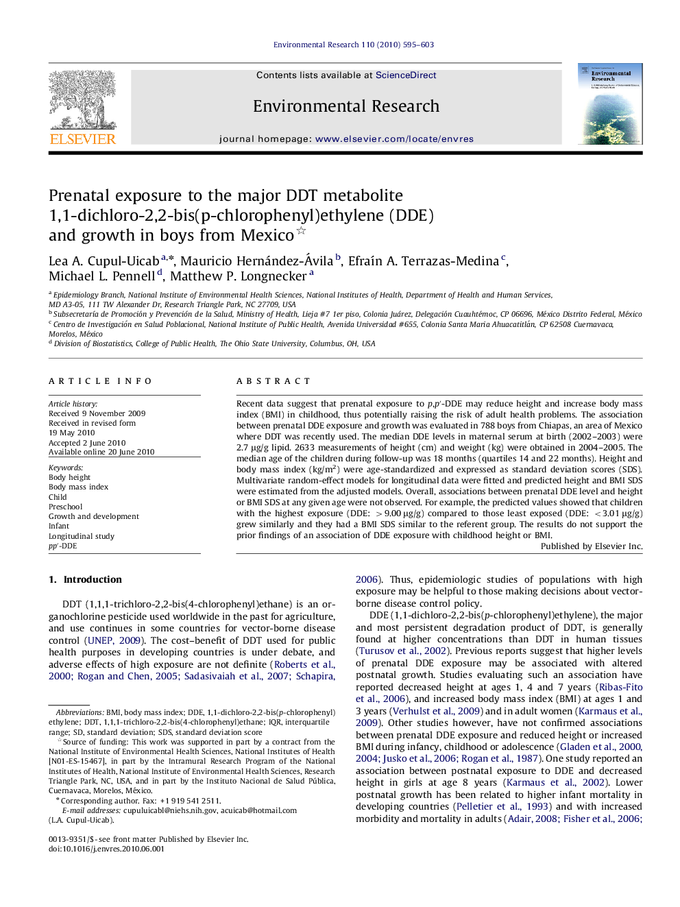 Prenatal exposure to the major DDT metabolite 1,1-dichloro-2,2-bis(p-chlorophenyl)ethylene (DDE) and growth in boys from Mexico 