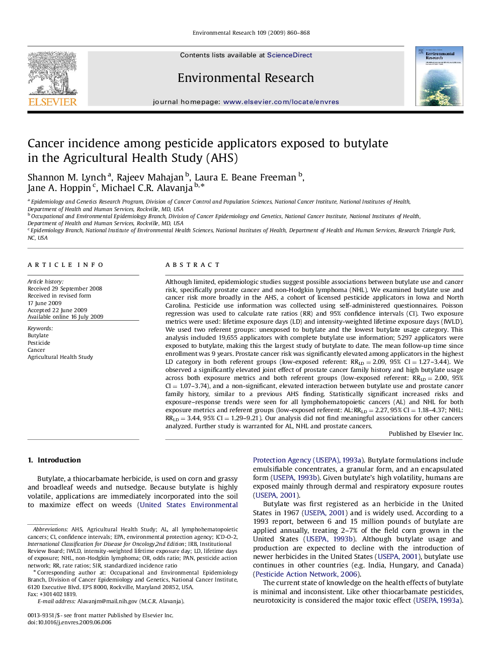 Cancer incidence among pesticide applicators exposed to butylate in the Agricultural Health Study (AHS)