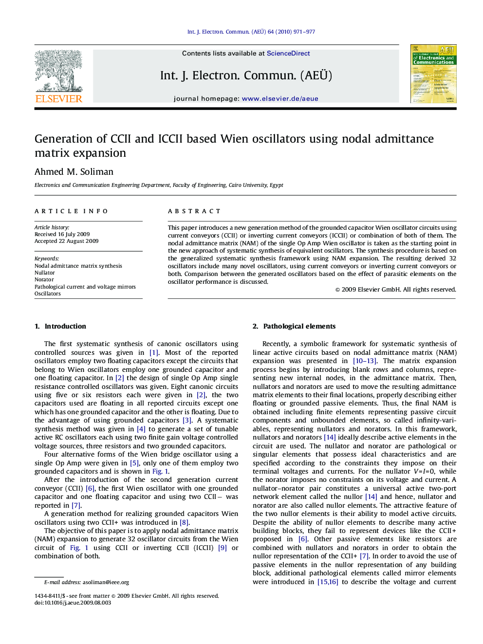 Generation of CCII and ICCII based Wien oscillators using nodal admittance matrix expansion