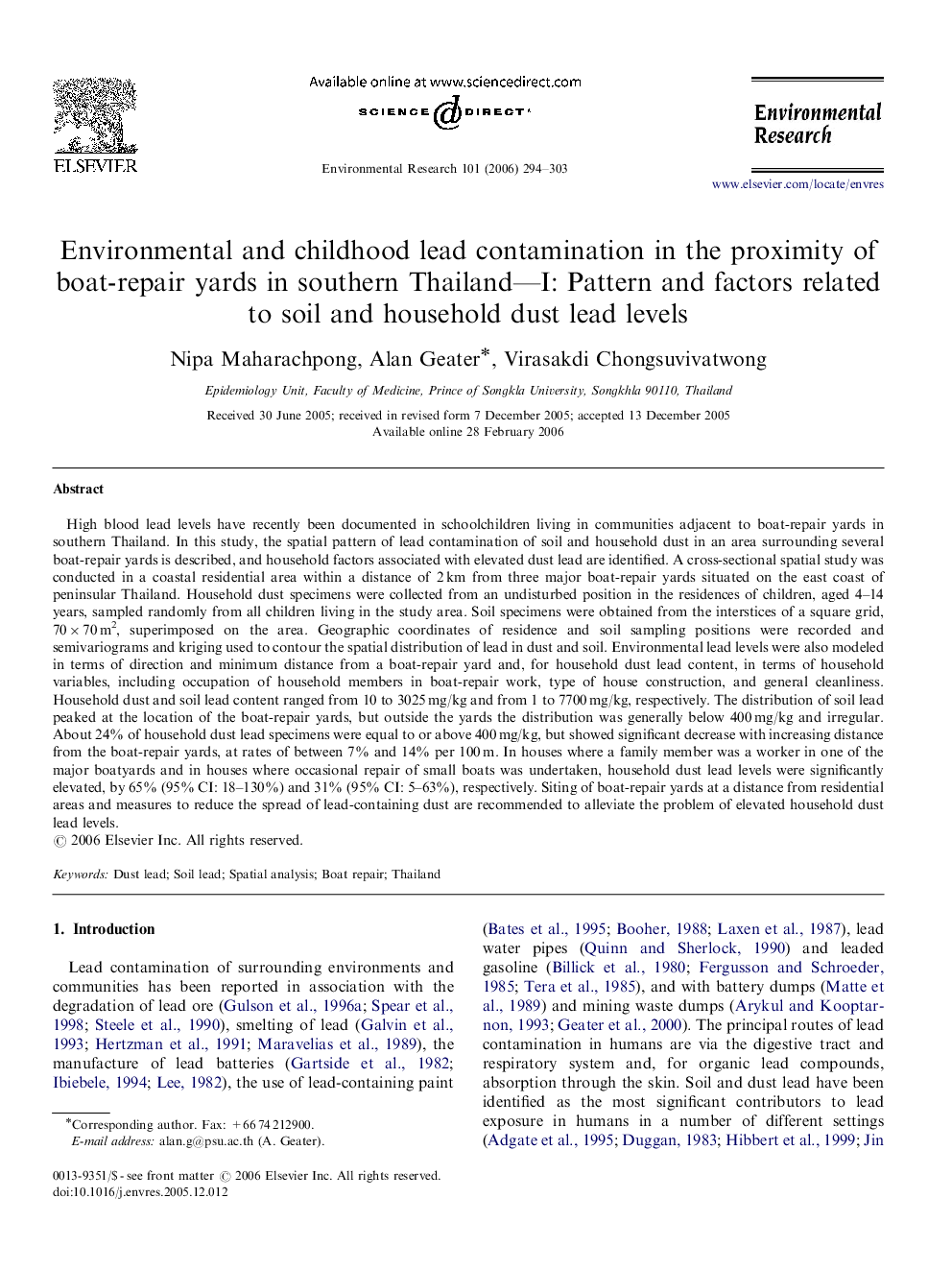 Environmental and childhood lead contamination in the proximity of boat-repair yards in southern Thailand—I: Pattern and factors related to soil and household dust lead levels