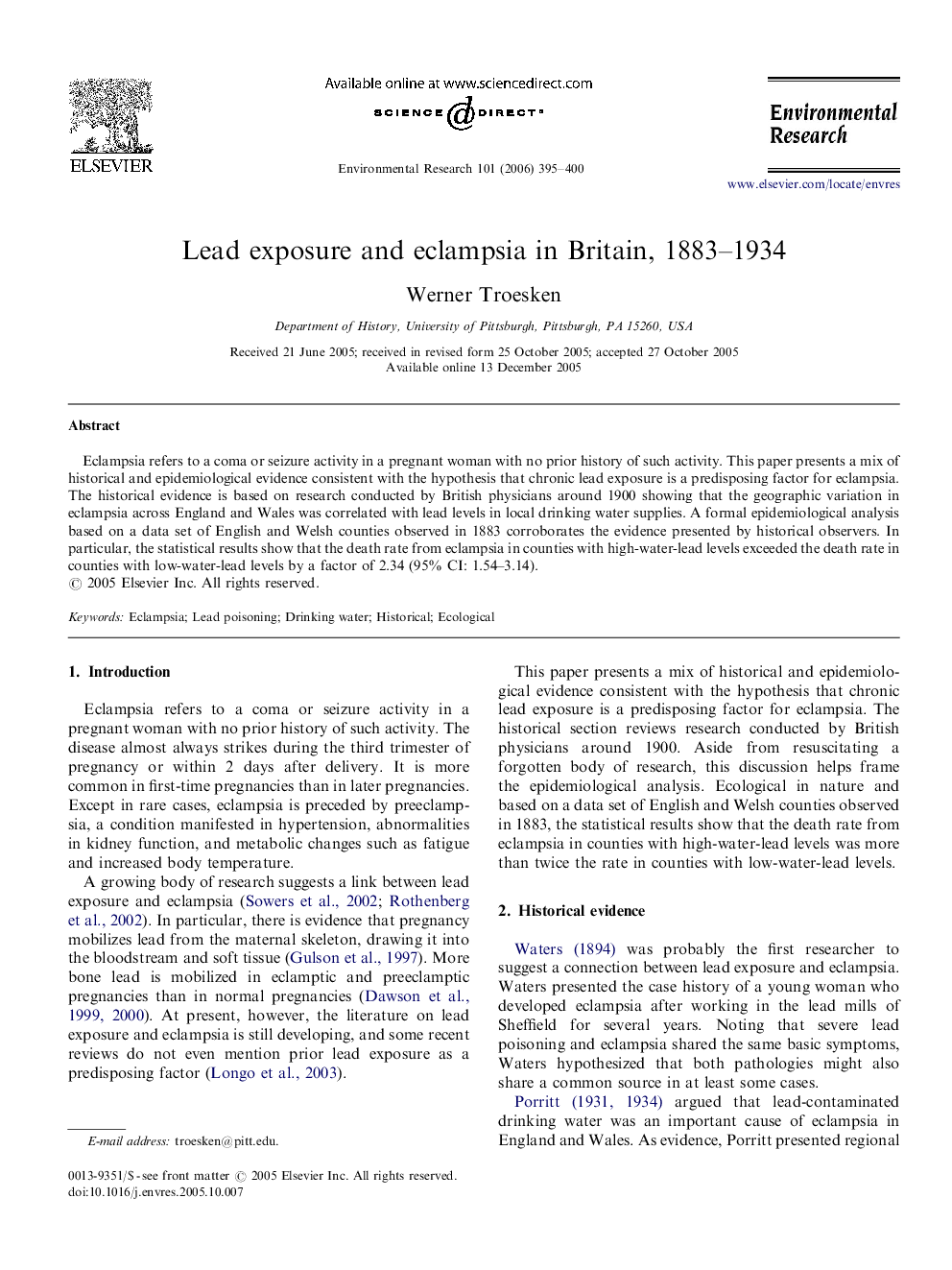 Lead exposure and eclampsia in Britain, 1883–1934