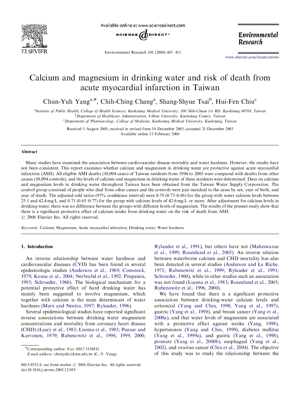 Calcium and magnesium in drinking water and risk of death from acute myocardial infarction in Taiwan