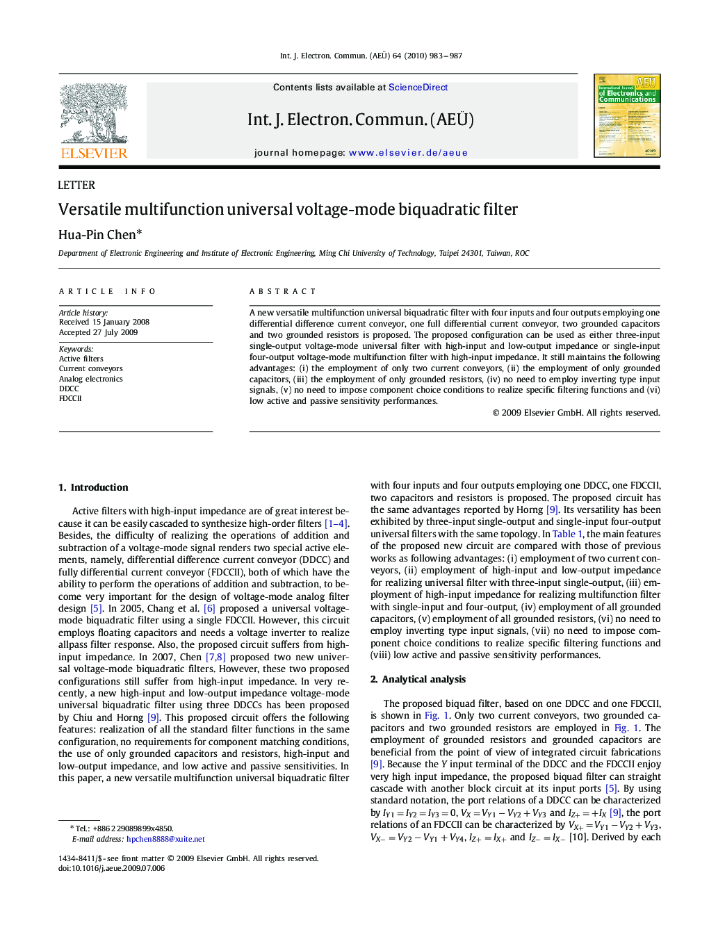 Versatile multifunction universal voltage-mode biquadratic filter