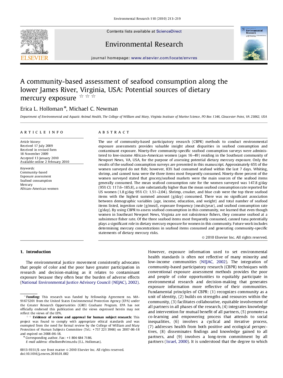 A community-based assessment of seafood consumption along the lower James River, Virginia, USA: Potential sources of dietary mercury exposure  