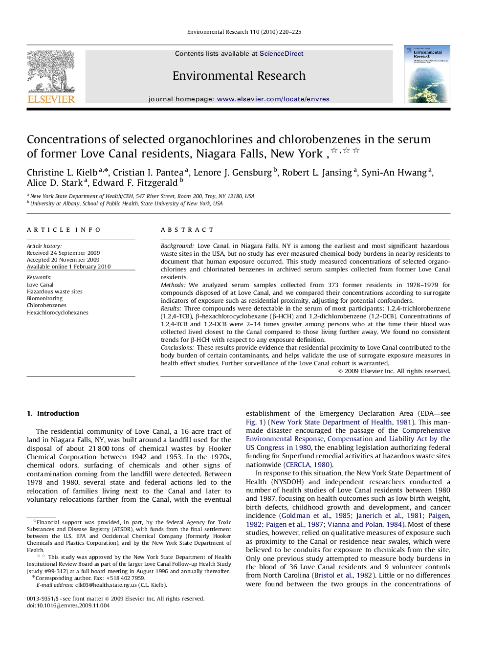 Concentrations of selected organochlorines and chlorobenzenes in the serum of former Love Canal residents, Niagara Falls, New York ,, 