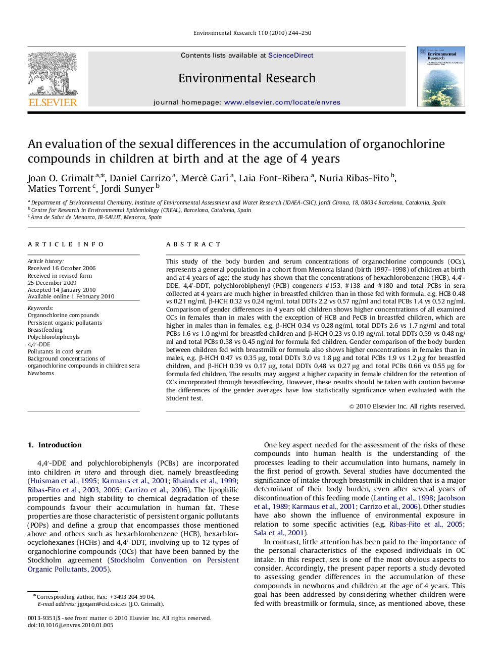 An evaluation of the sexual differences in the accumulation of organochlorine compounds in children at birth and at the age of 4 years