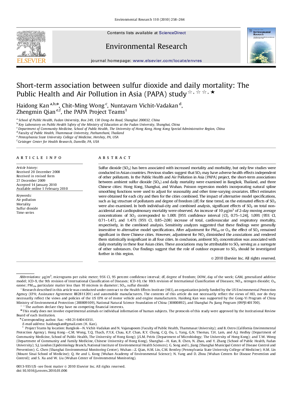 Short-term association between sulfur dioxide and daily mortality: The Public Health and Air Pollution in Asia (PAPA) study ★