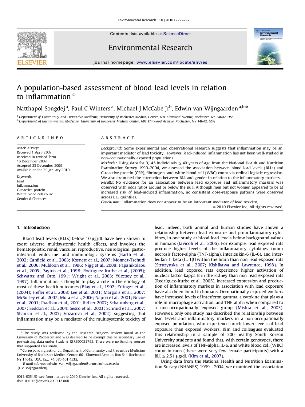 A population-based assessment of blood lead levels in relation to inflammation