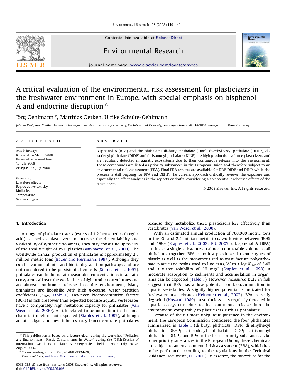 A critical evaluation of the environmental risk assessment for plasticizers in the freshwater environment in Europe, with special emphasis on bisphenol A and endocrine disruption 