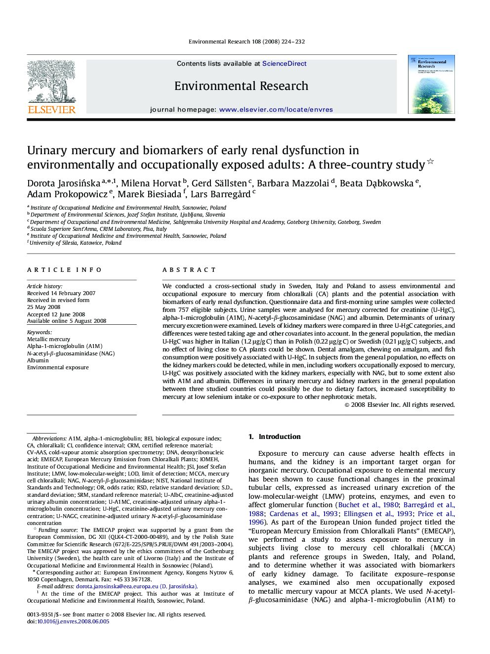 Urinary mercury and biomarkers of early renal dysfunction in environmentally and occupationally exposed adults: A three-country study 