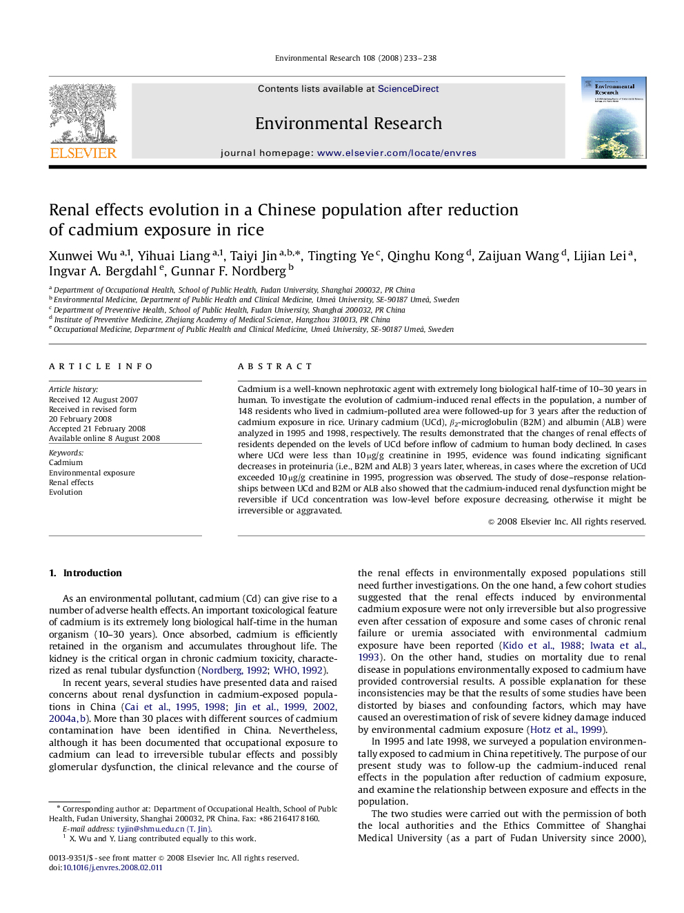 Renal effects evolution in a Chinese population after reduction of cadmium exposure in rice