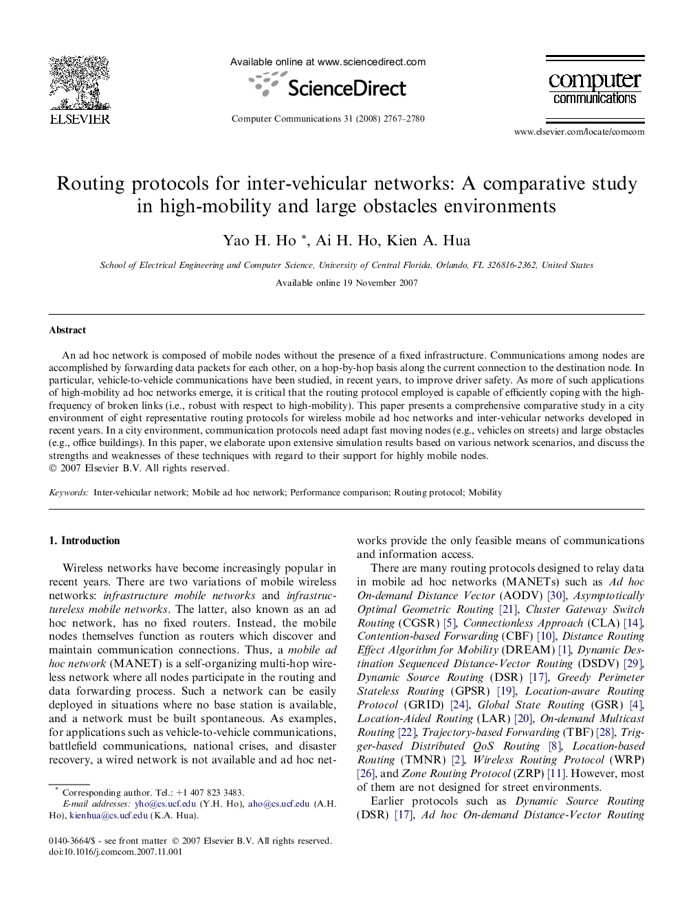 Routing protocols for inter-vehicular networks: A comparative study in high-mobility and large obstacles environments